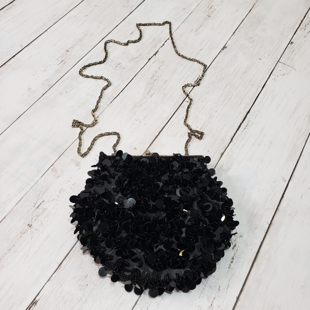Vintage Bebe Black Spangles Sequins Small Purse
